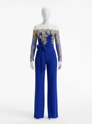 Combinaison pantalon bustier brodé manches velours femme soirée - Vue 1 - Combinaison pantalon