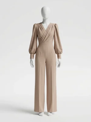 Combinaison pantalon coton manches bouffantes encolure v femme - Vue 1 - Combinaison pantalon