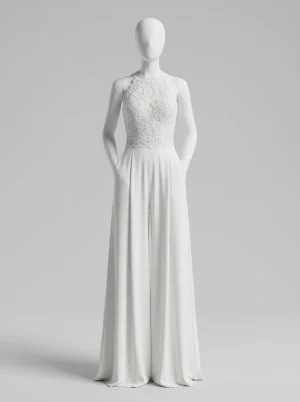 Combinaison pantalon dentelle haut travaillé dos nu perlé - Vue 1 - Combinaison pantalon