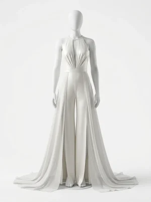 Combinaison pantalon dos nu dentelle traîne fluide cérémonie - Vue 1 - Combinaison pantalon