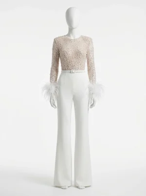 Combinaison pantalon haut perlé plumes femme moderne - Vue 1 - Combinaison pantalon