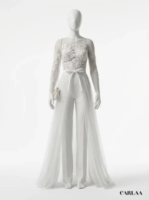 Combinaison pantalon mariage fleurs appliquées manches longues femme - Vue 1 - Combinaison pantalon