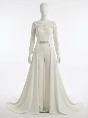 Combinaison pantalon mariage moderne traîne amovible manches longues - Vue 1 - Combinaison pantalon