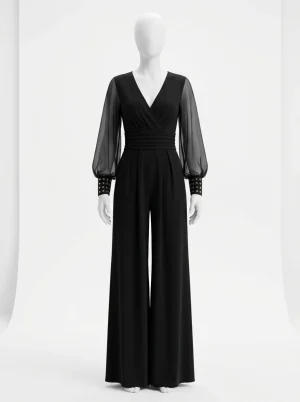 Combinaison pantalon moulante soirée manches voilées femme - Vue 1 - Combinaison pantalon