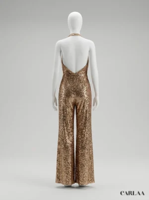 Combinaison pantalon paillettes col plongeant femme glamour - Vue 1 - Combinaison pantalon