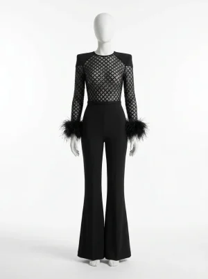 Combinaison pantalon plumes sequins soirée femme silhouette évasée - Vue 1 - Combinaison pantalon