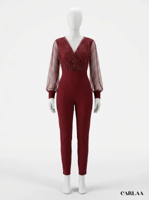 Combinaison pantalon soirée glamour haut transparent ajustée - Vue 1 - Combinaison pantalon