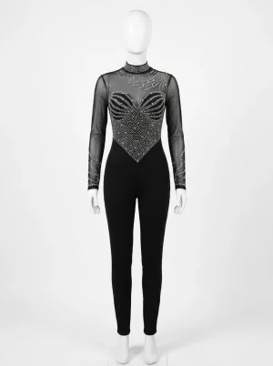 Combinaison pantalon stretch ornée cristaux manches transparentes - Vue 1 - Combinaison pantalon